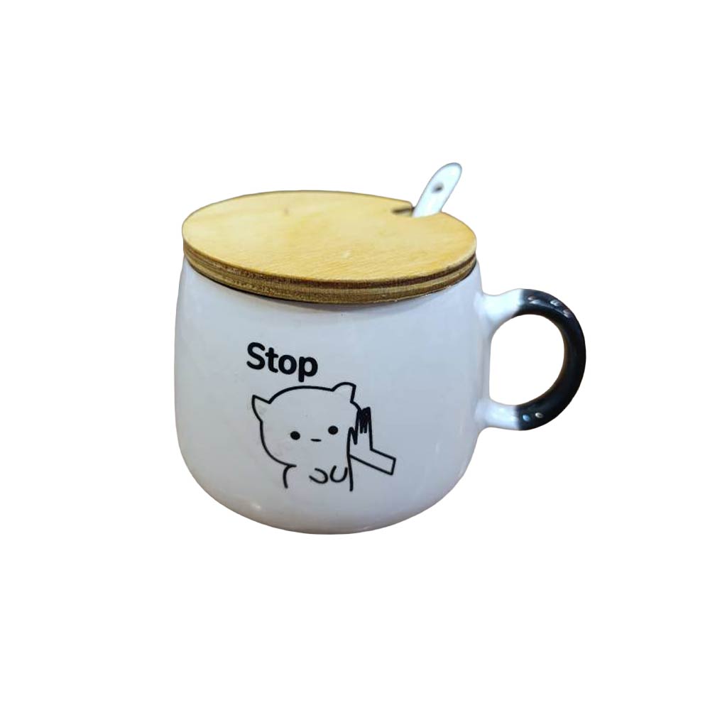 ماگ سرامیکی طرح گربه مدل متوقفم کن (Stop) به همراه درب چوبی و قاشق